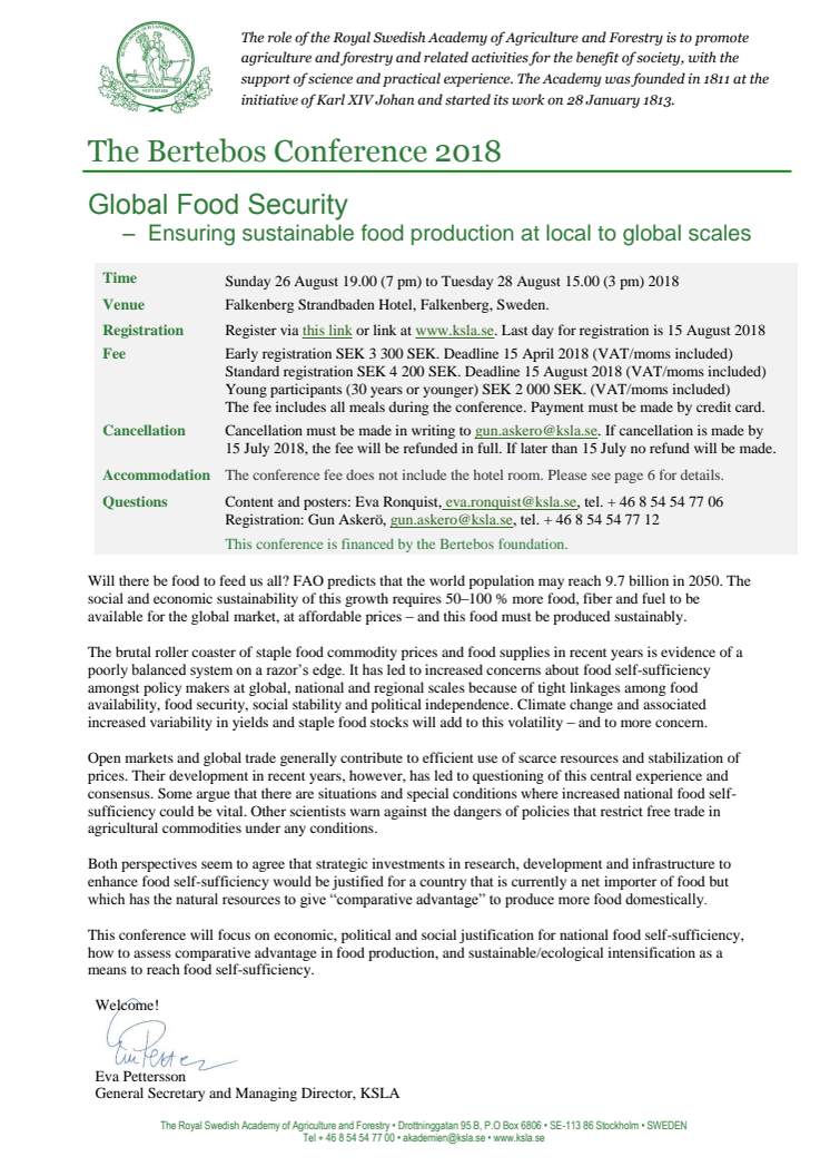 Global Food Security – Berteboskonferensen 26–28 augusti 2018