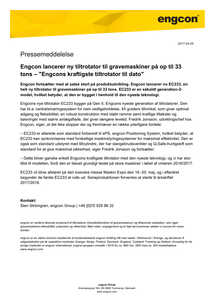 Engcon lancerer ny tiltrotator til gravemaskiner på op til 33 tons – "Engcons kraftigste tiltrotator til dato"