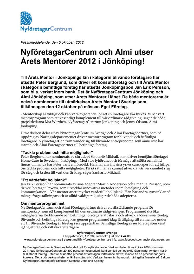 NyföretagarCentrum och Almi utser Årets Mentorer 2012 i Jönköping!