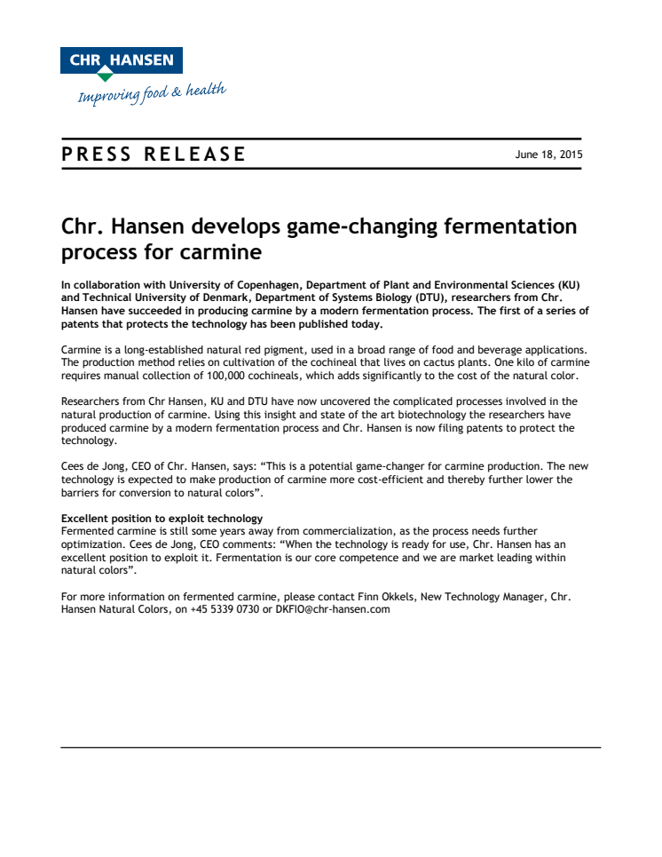 Chr. Hansen develops game-changing fermentation process for carmine