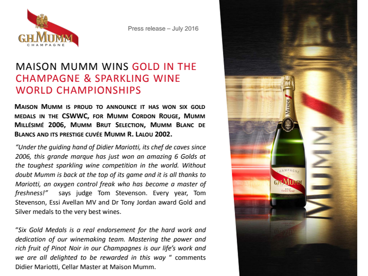 Maison Mumm tog hem ett halvt dussin GULD i Champagne & Sparkling World Wine