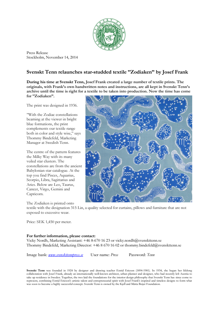 Svenskt Tenn relaunches star-studded textile ’’Zodiaken’’ by Josef Frank