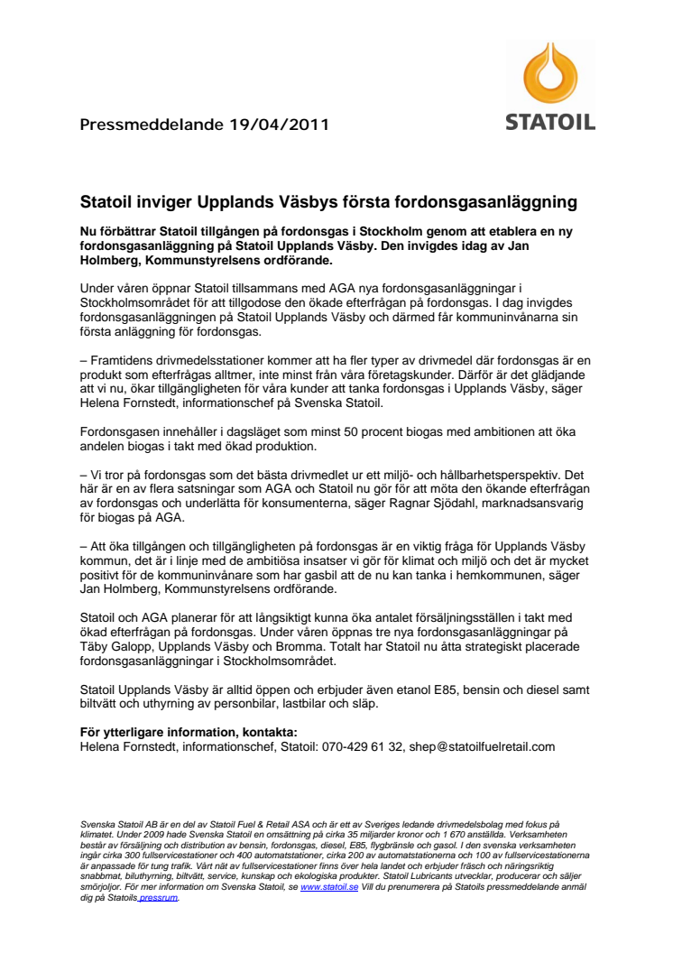 Statoil inviger Upplands Väsbys första fordonsgasanläggning 