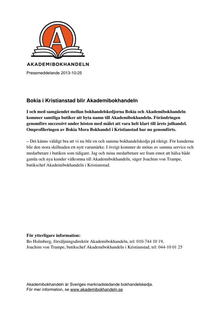 Bokia i Kristianstad blir Akademibokhandeln 