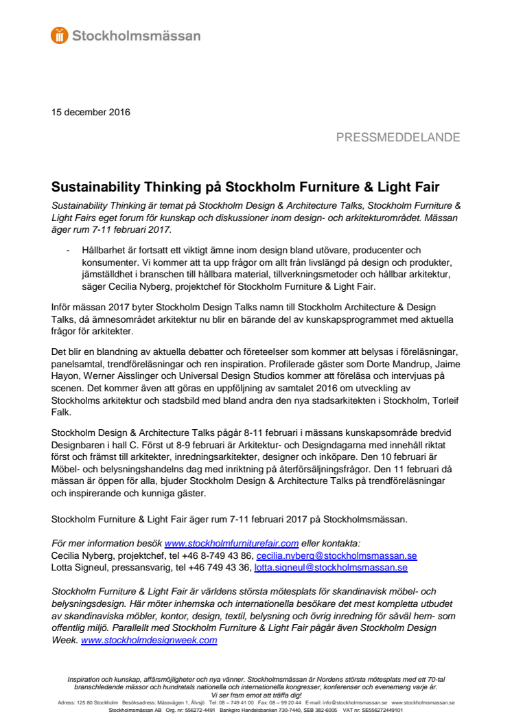 Sustainability Thinking på Stockholm Furniture & Light Fair