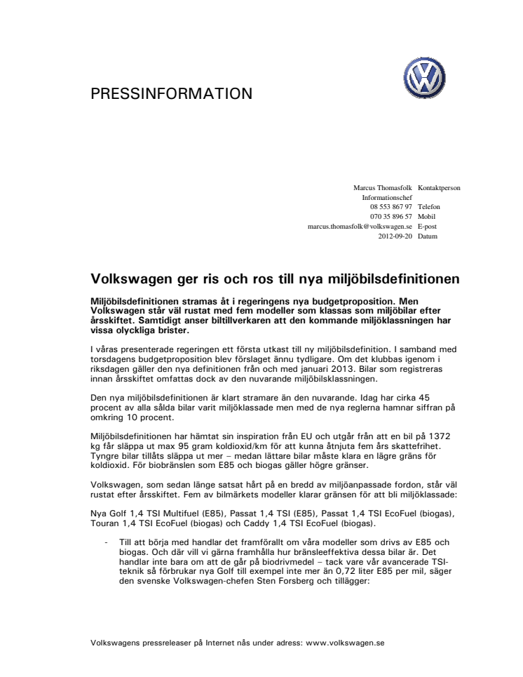 Volkswagen ser möjligheter med ny miljöbilsdefinition