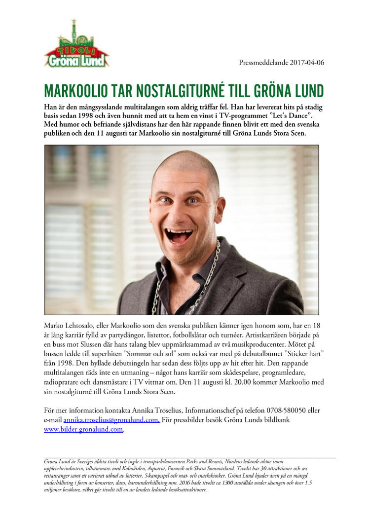 Markoolio tar nostalgiturné till Gröna Lund