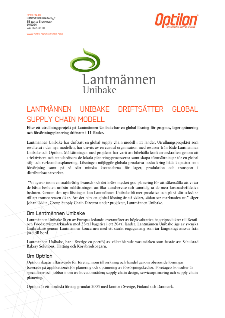 Lantmännen Unibake driftsätter global supply chain modell