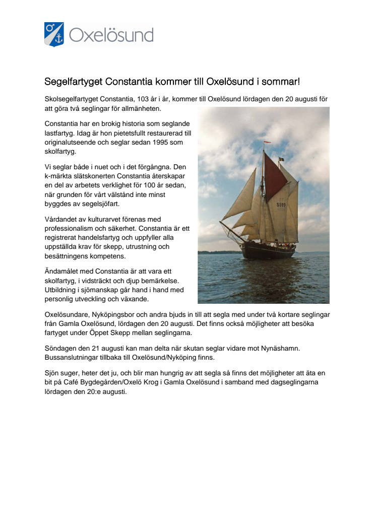 Segelfartyget Constantia kommer till Oxelösund i sommar