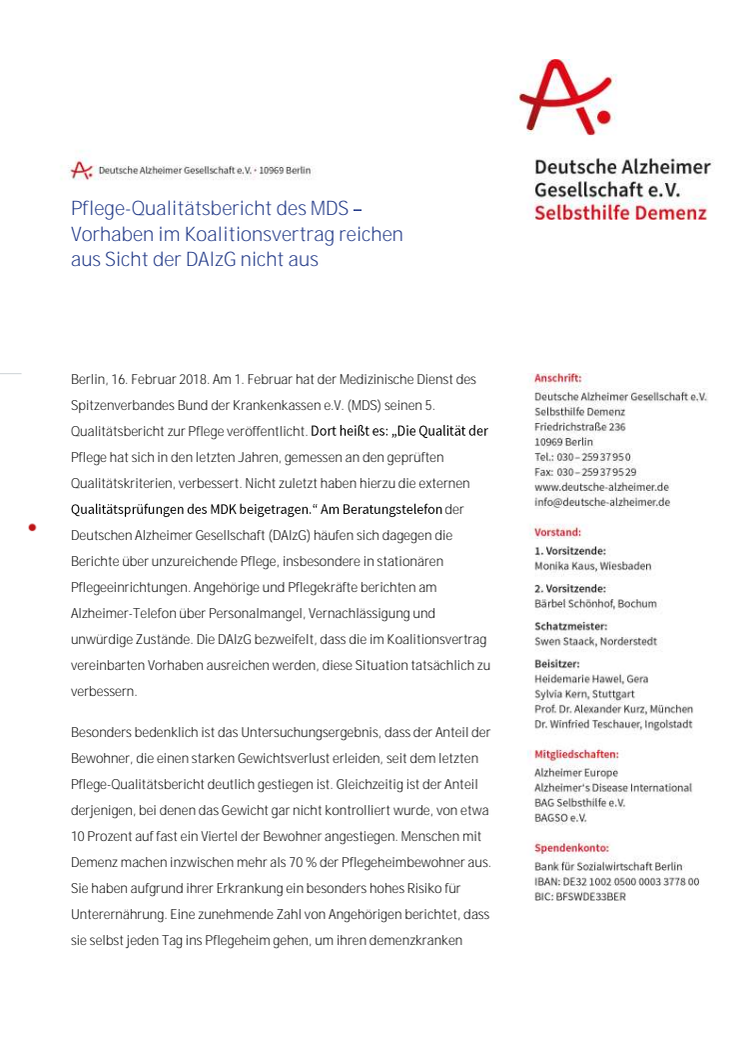 Pflege-Qualitätsbericht des MDS – Vorhaben im Koalitionsvertrag reichen aus Sicht der DAlzG nicht aus