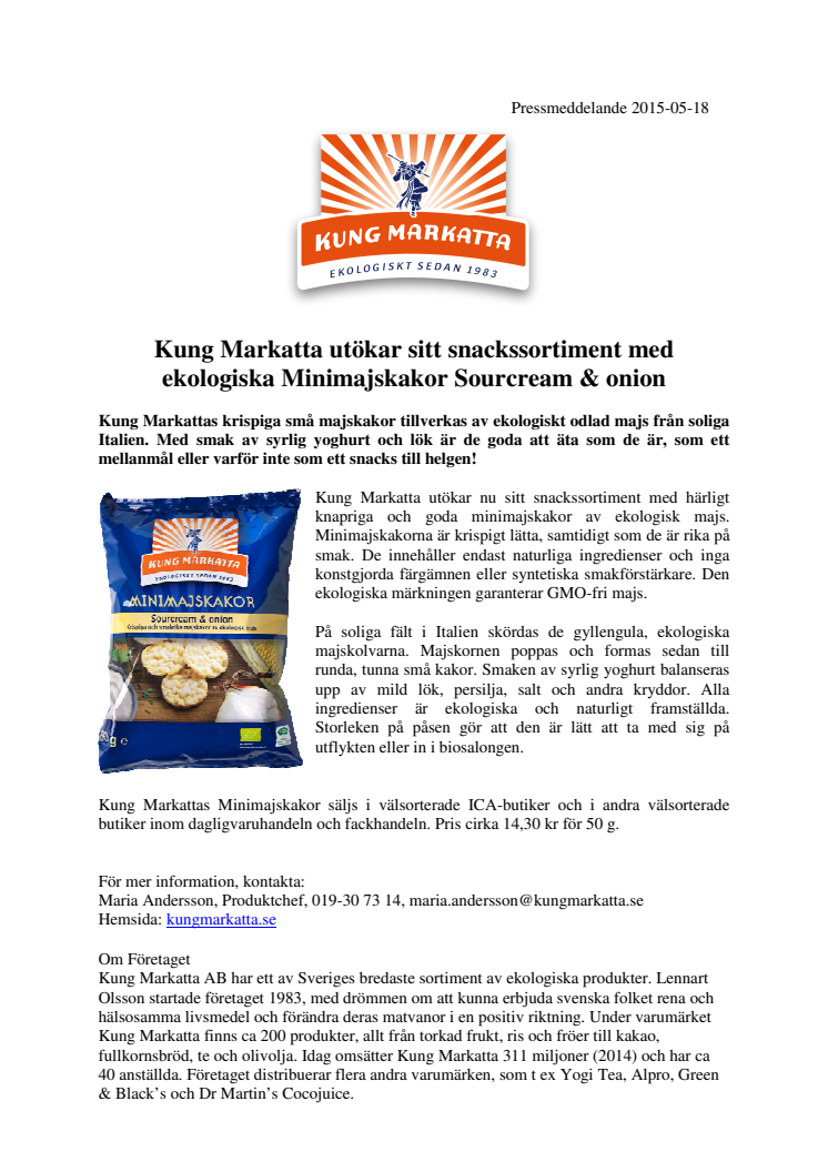 Kung Markatta utökar sitt snackssortiment med ekologiska Minimajskakor Sourcream & onion 