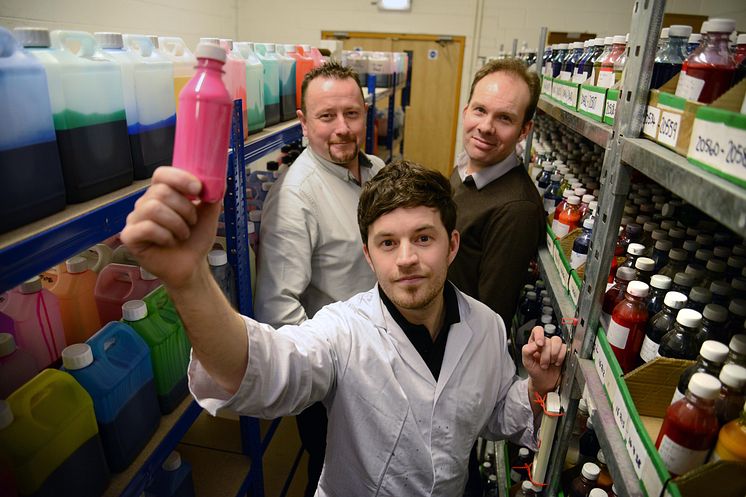 L-R: Multichem managing director Michael Nelson, Multichem product development manager Dr Tom Winstanley (front) and Professor Justin Perry of Northumbria University.