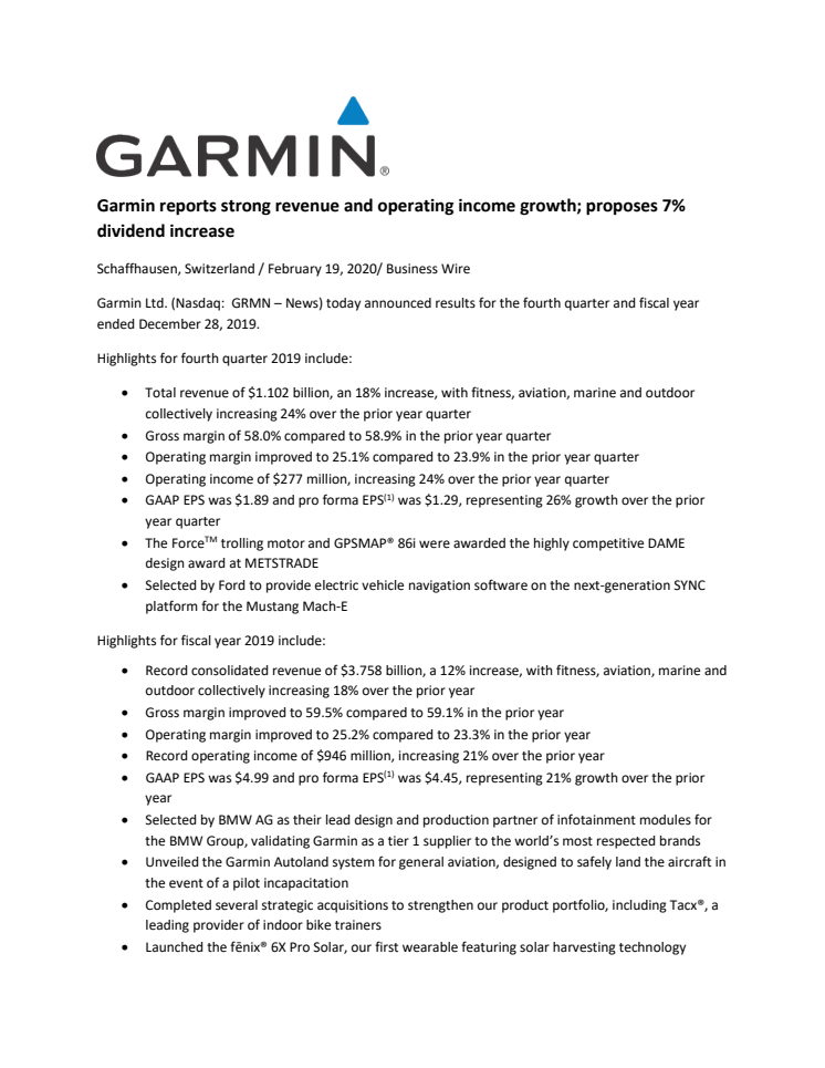 Garmin verkündet Rekordjahr 2019 