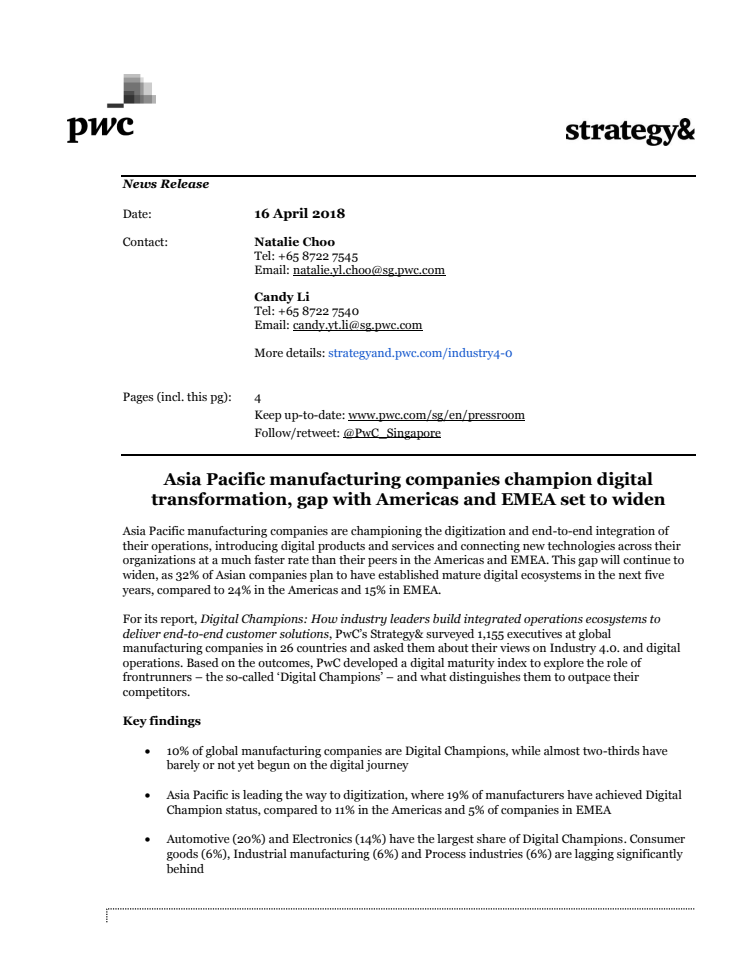 Asia Pacific manufacturing companies champion digital transformation, gap with Americas and EMEA set to widen