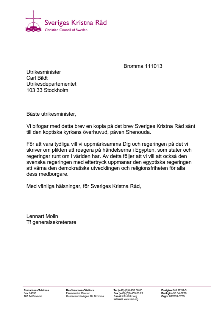 SKR:s brev till utrikesminister Carl Bildt om situationen i Egypten