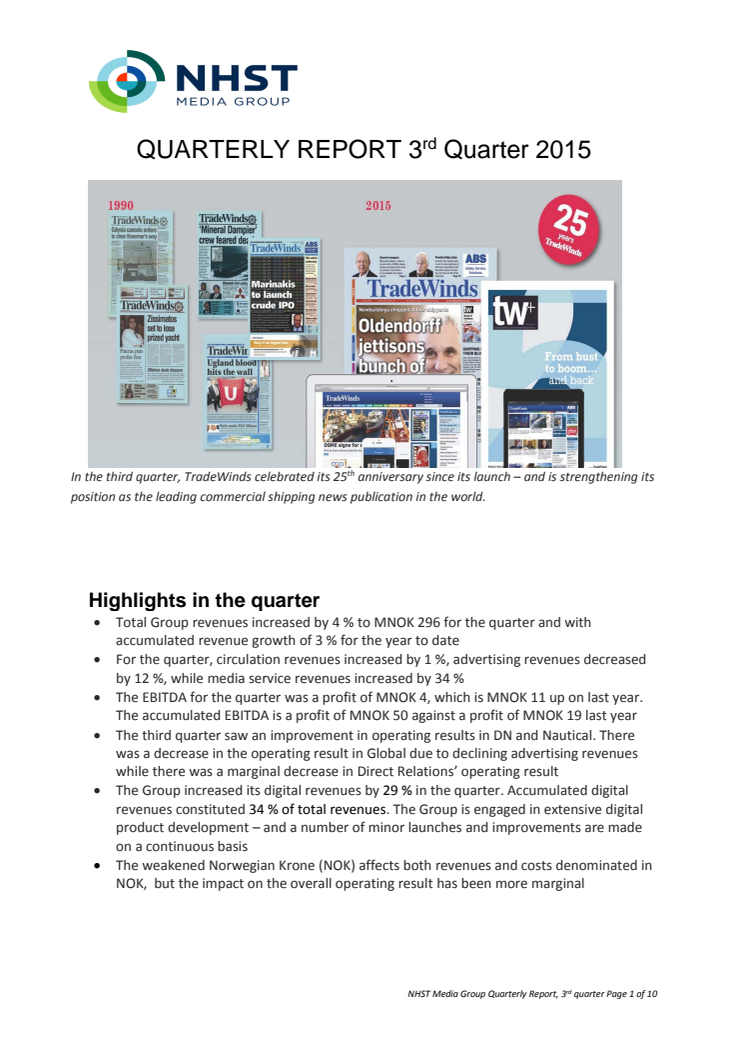 NHST Media Group - Quarterly Report 3rd quarter 2015