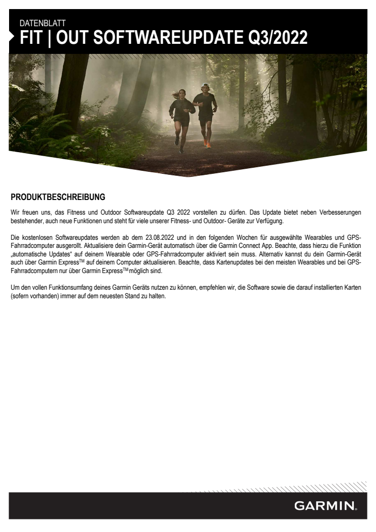 Datenblatt Garmin Softwareupdate Q3/2022