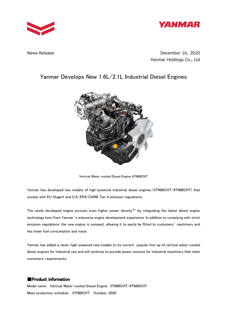 Yanmar Develops New 1.6 Liter and 2.1 Liter Industrial Diesel Engines