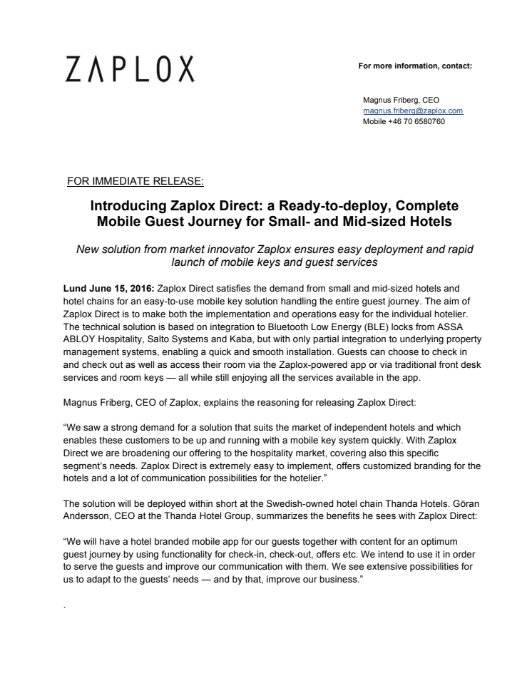 Introducing Zaplox Direct: a Ready-to-deploy, Complete Mobile Guest Journey for Small- and Mid-sized Hotels