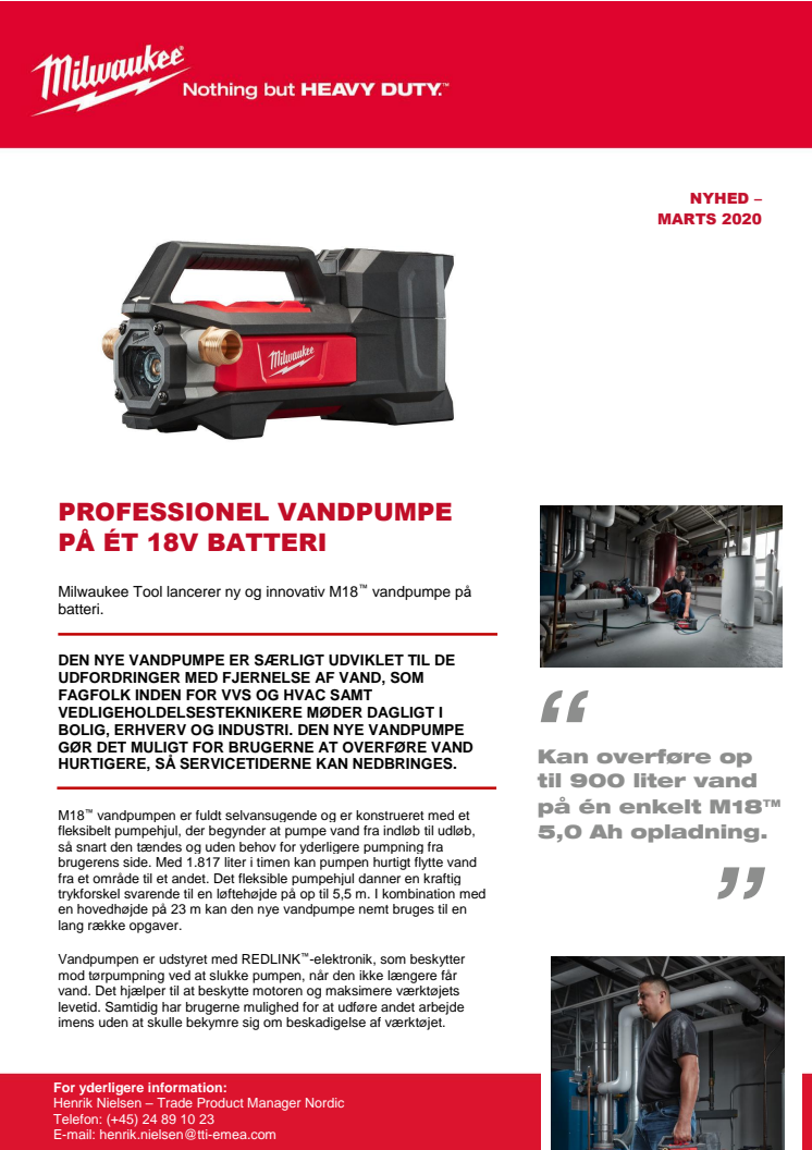 PROFESSIONEL VANDPUMPE PÅ ÉT 18V BATTERI 