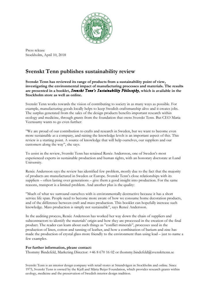 Svenskt Tenn publishes sustainability review