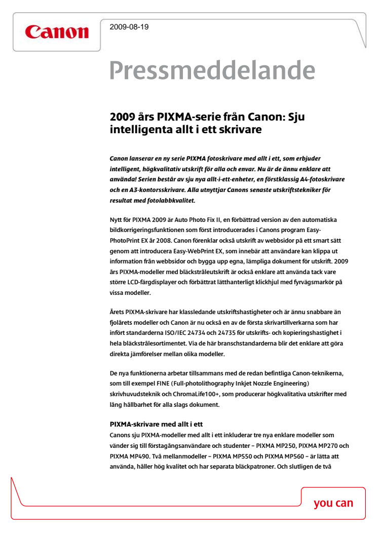 2009 års PIXMA-serie från Canon: Sju intelligenta allt i ett skrivare