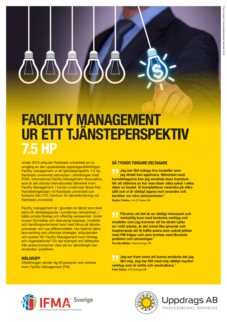 Informationsblad om Facility management ur ett tjänsteperspektiv, 7.5 hp vid Karlstads universitet
