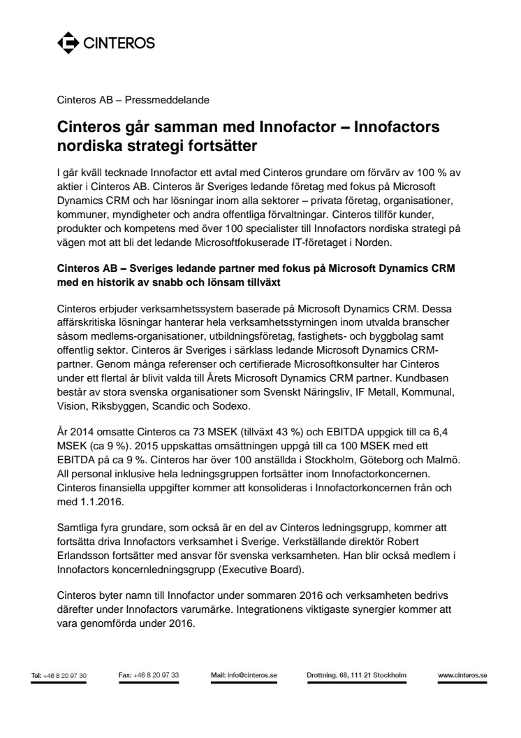 Cinteros går samman med Innofactor – Innofactors nordiska strategi fortsätter
