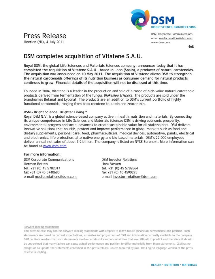 DSM completes acquisition of Vitatene S.A.U.