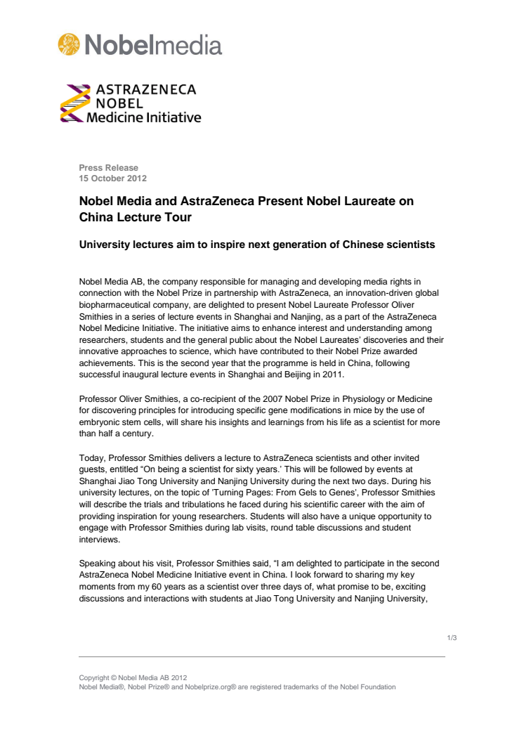 Nobel Media and AstraZeneca Present Nobel Laureate on China Lecture Tour 