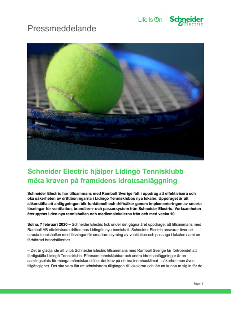 Schneider Electric hjälper Lidingö Tennisklubb möta kraven på framtidens idrottsanläggning