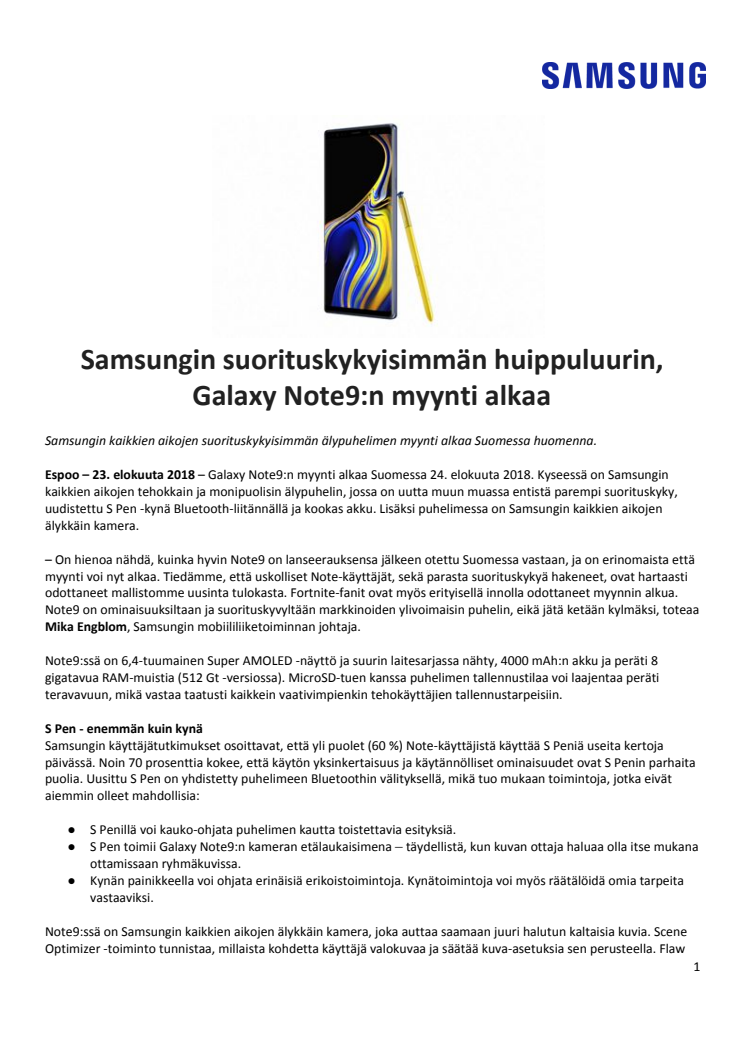 Samsungin suorituskykyisimmän huippuluurin, Galaxy Note9:n myynti alkaa 