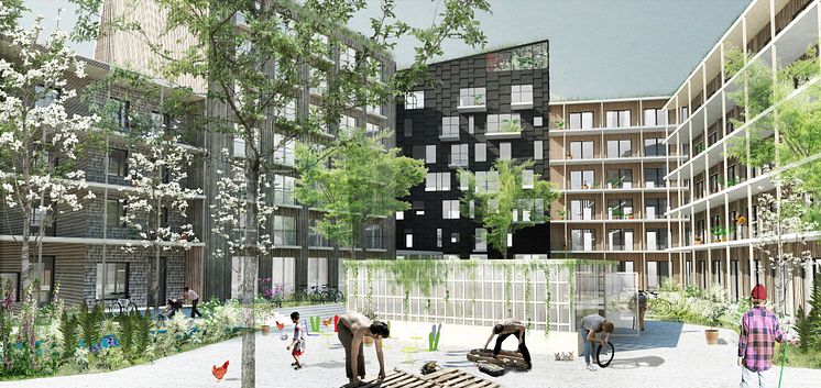 Visionsbild, gårdsperspektiv över Diligentias Woodhouse Rosendal, Uppsala