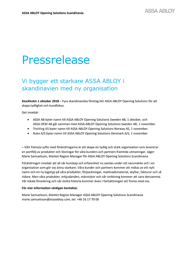 Vi bygger ett starkare ASSA ABLOY i Skandinavien med ny organisation