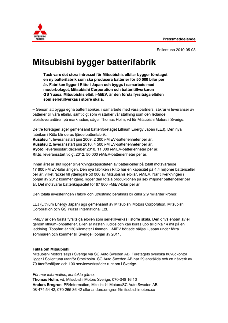 Mitsubishi bygger batterifabrik