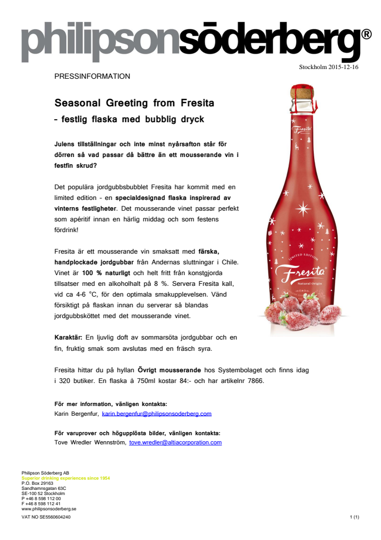 Seasonal Greeting from Fresita  – festlig flaska med bubblig dryck