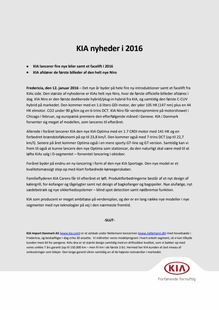 KIA Nyheder i 2016