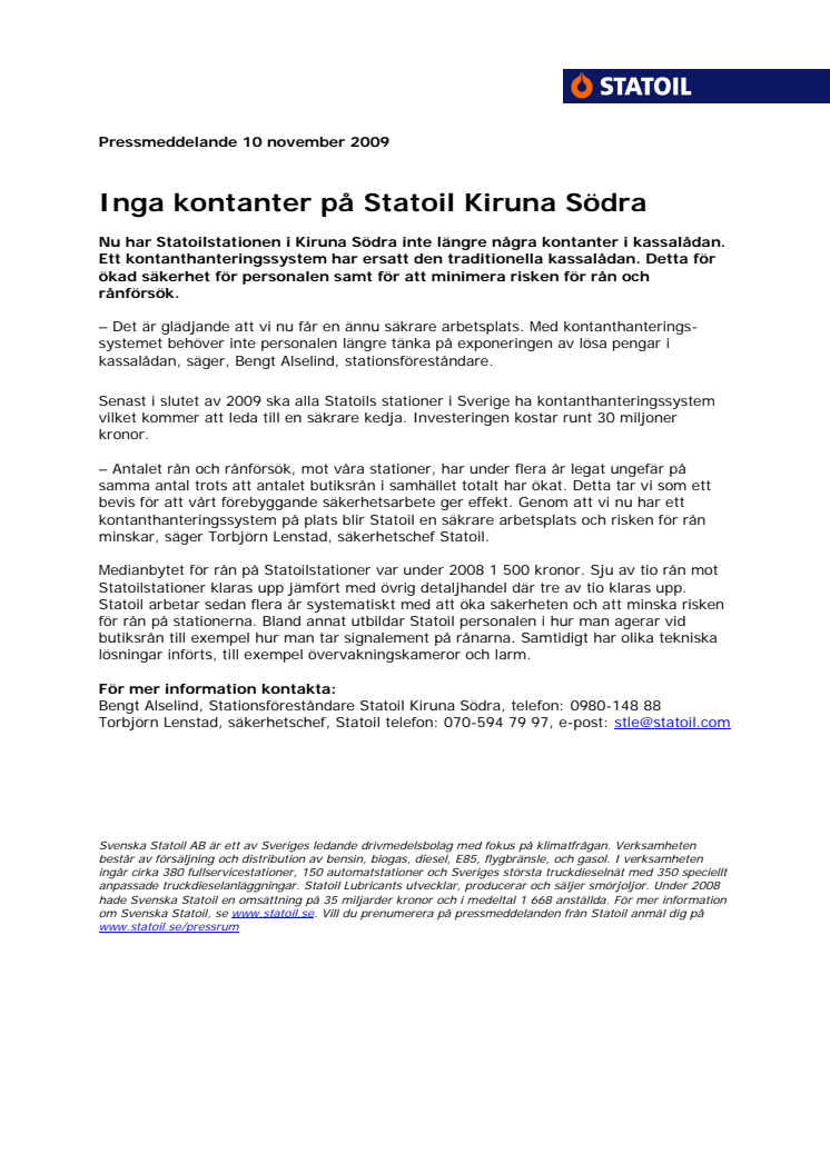 Inga kontanter på Statoil Kiruna Södra