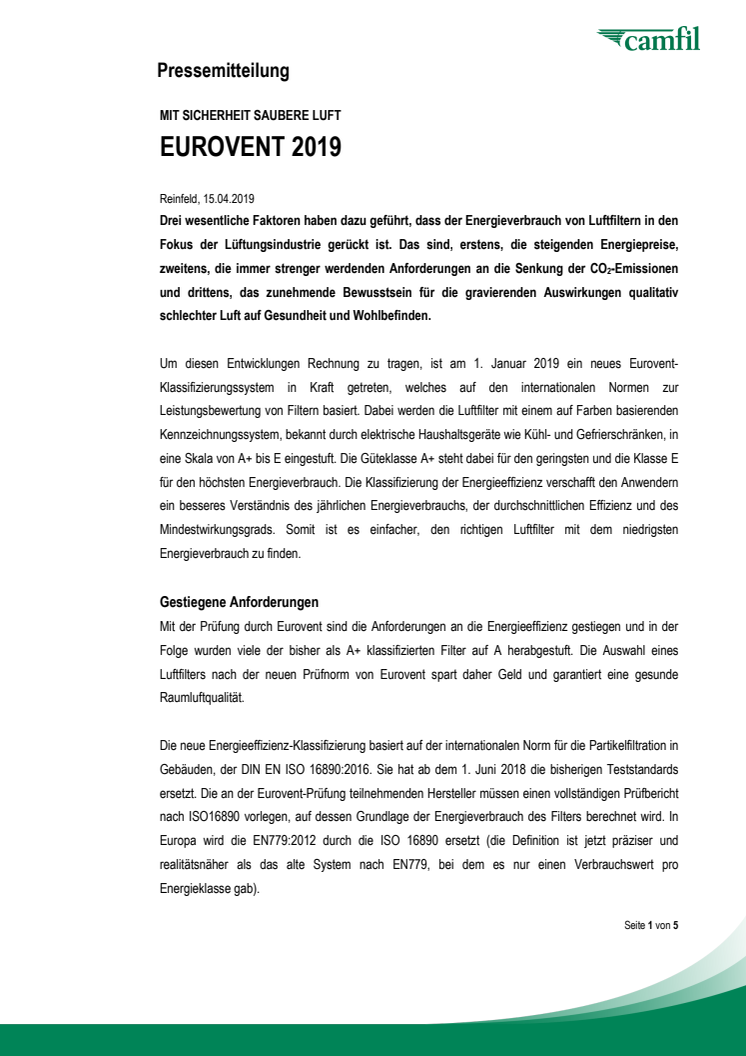 EUROVENT 2019 | MIT SICHERHEIT SAUBERE LUFT
