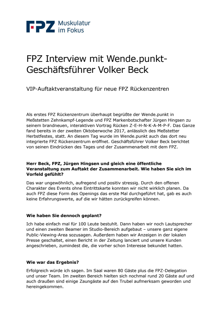 FPZ Interview mit Wende.punkt-Geschäftsführer Volker Beck: VIP-Auftaktveranstaltung für neue FPZ Rückenzentren
