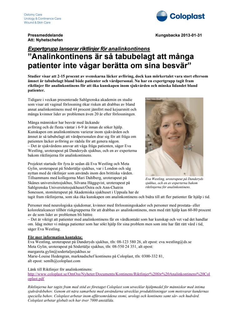 Expertgrupp lanserar riktlinjer för analinkontinens – ”Analinkontinens är så tabubelagt att många patienter inte vågar berätta om sina besvär” 