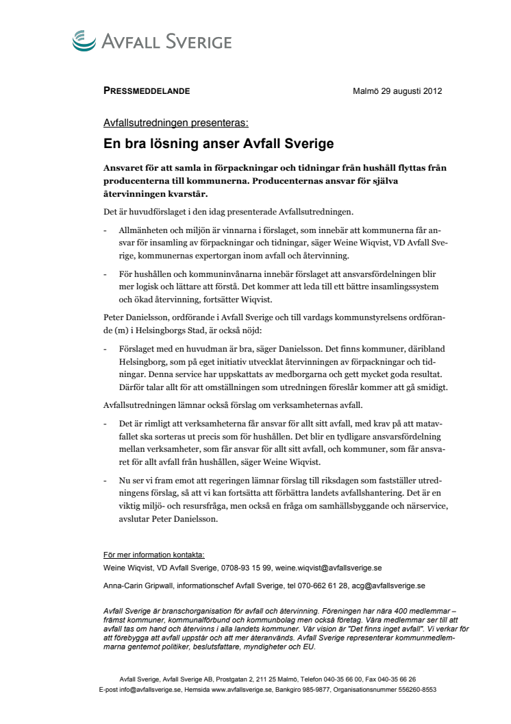 Avfallsutredningen presenteras: En bra lösning anser Avfall Sverige