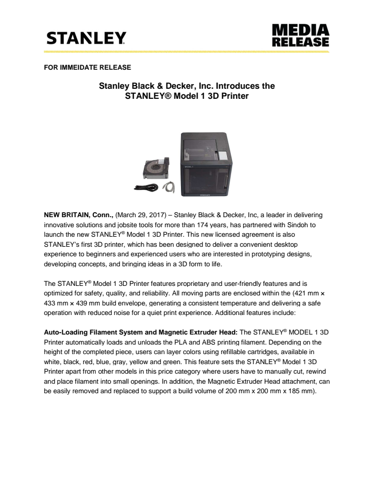 Stanley Black & Decker, Inc. Introduces the  STANLEY® Model 1 3D Printer