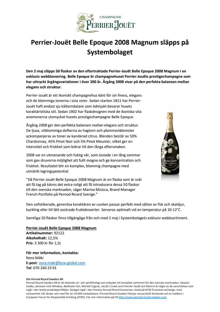 Perrier-Jouët Belle Epoque 2008 Magnum släpps på Systembolaget