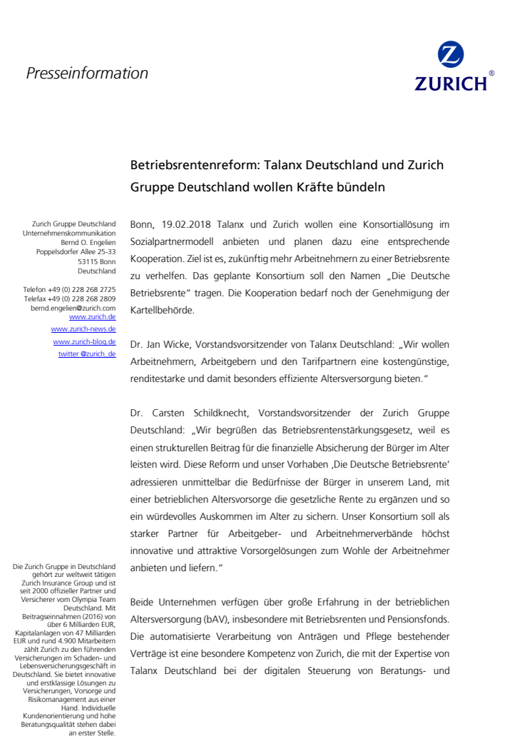 Betriebsrentenreform: Talanx Deutschland und Zurich Gruppe Deutschland wollen Kräfte bündeln