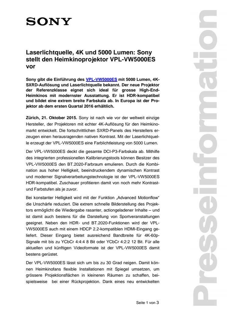 Laserlichtquelle, 4K und 5000 Lumen: Sony stellt den Heimkinoprojektor VPL-VW5000ES vor