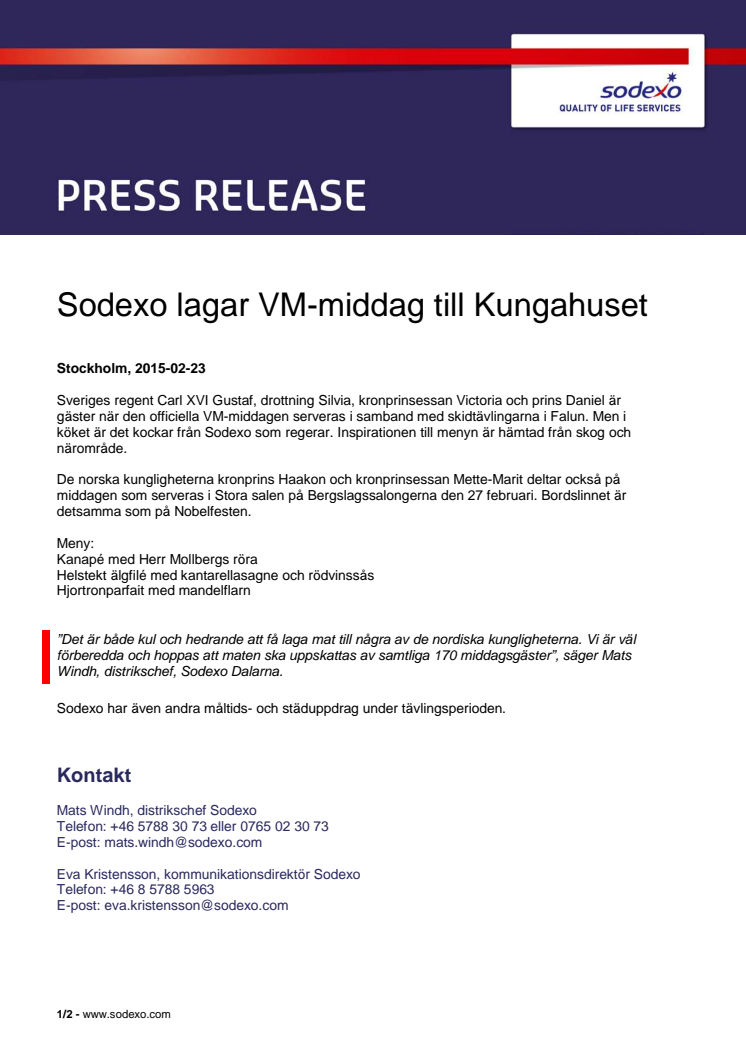 Sodexo lagar VM-middag till Kungahuset