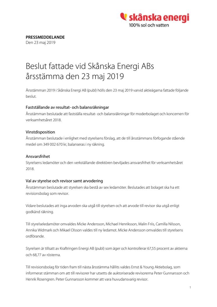 Beslut fattade vid Skånska Energi ABs årsstämma den 23 maj 2019