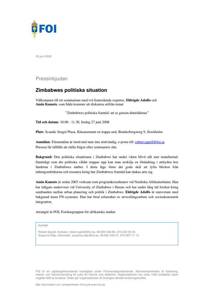 Pressinbjudan - Zimbabwes politiska situation