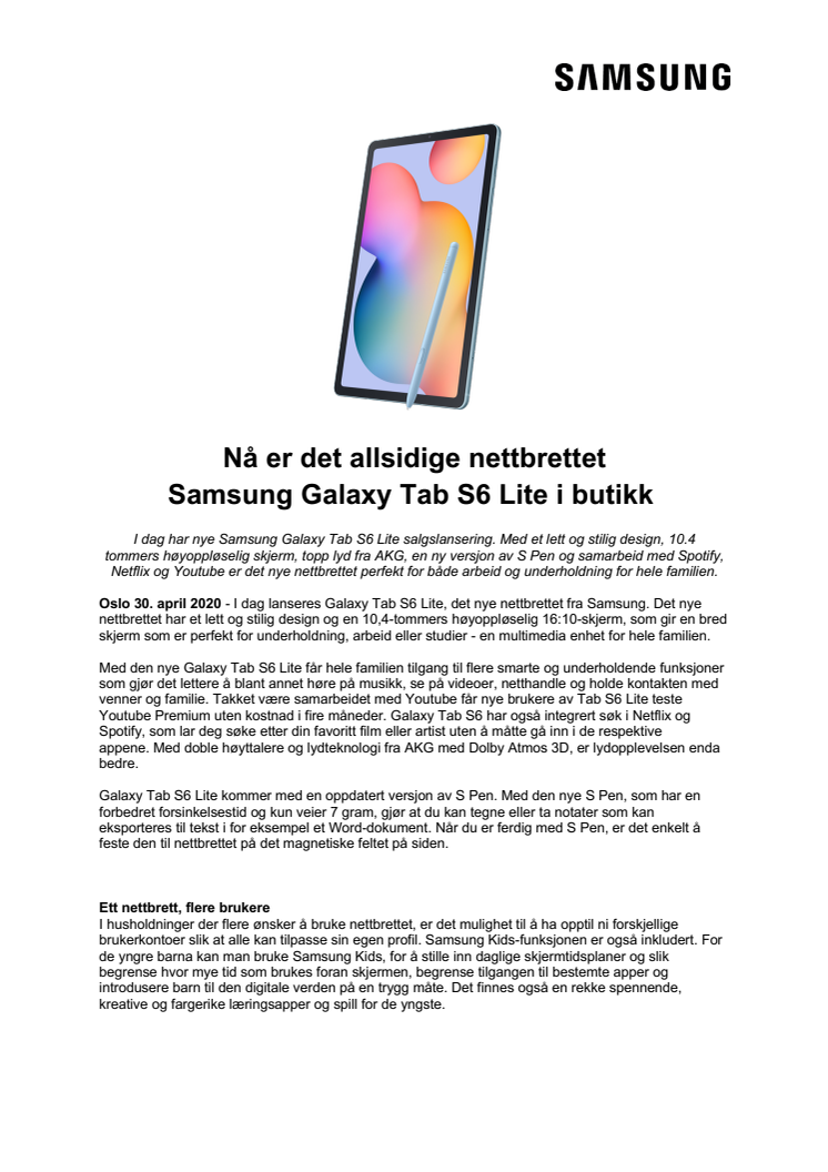 Nå er det allsidige nettbrettet Samsung Galaxy Tab S6 Lite i butikk